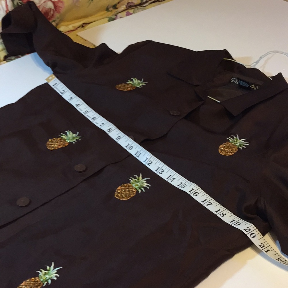 Silkland Brown Silk Top with Embroidered Beaded Pineapples Size 10 - Picture 14 of 15